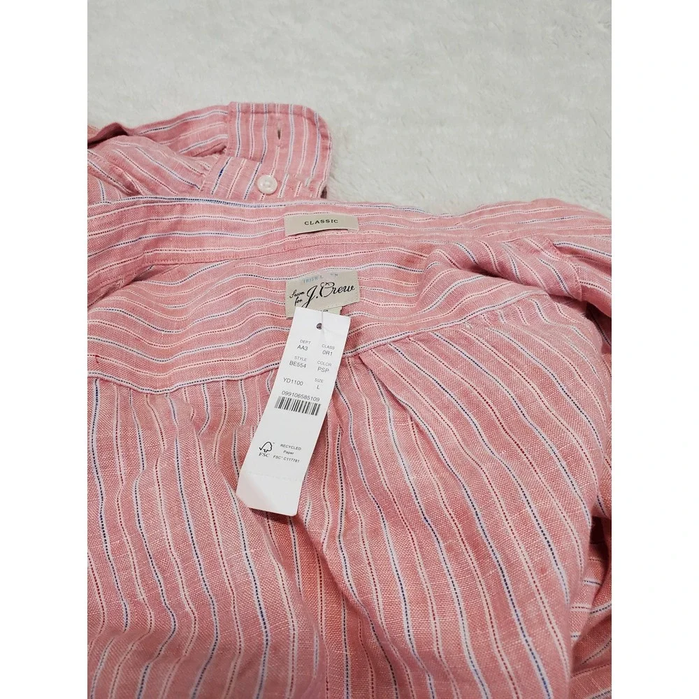 NWT J. Crew Red Striped Irish Linen Button Dress Shirt Men Large Casual Classic